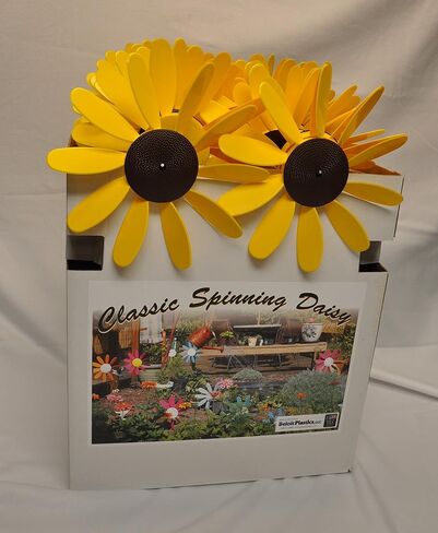 Beloit Plastics 12" Diameter Sunflowers/Daisy (6 Pack),24" Tall Pinwheel and Wind Spinner for Garden, Lawn, or Patio,Flower Vibrations May Irritate Moles - Front or Back Yard Decoration,USA Made in Saudi Arabia