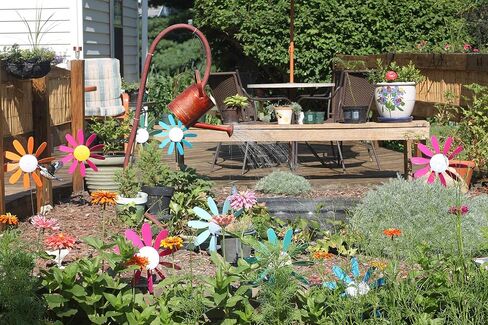 Beloit Plastics 12" Diameter Sunflowers/Daisy (6 Pack),24" Tall Pinwheel and Wind Spinner for Garden, Lawn, or Patio,Flower Vibrations May Irritate Moles - Front or Back Yard Decoration,USA Made in Saudi Arabia