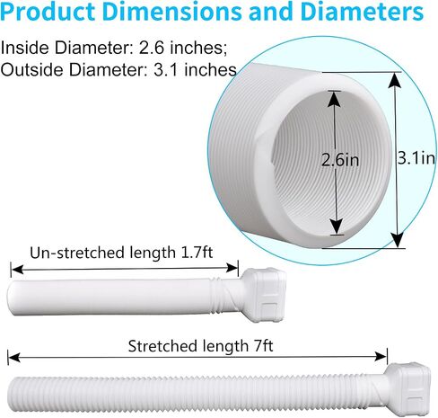7ft Long Gutter Downspout Extensions, 3.1" OD Gutter Downspout Extender Pipe for 2"×3" Downspout and 3"×4"Downspout, Flexible Pipe Stretched Length 7ft, White,2-Pack in Saudi Arabia