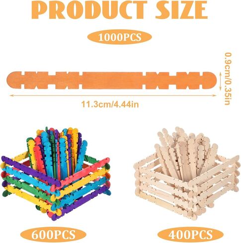 1000 PCS Connectable Sawtooth Popsicle Sticks, Colorful Sawtooth Wood Craft Sticks, 4.5'' Colored and Natural Wood Craft Sticks, Jumbo Sawtooth Popsicle Sticks for DIY Craft and Creative Designs in Saudi Arabia