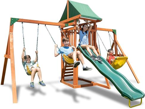 الرياضة الرياضية Amazon الحصرية Sherwood Wood Swing مع 3 تقلبات ، شريحة ، وسطح مغطى مع شريحة in Kuwait