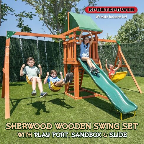 الرياضة الرياضية Amazon الحصرية Sherwood Wood Swing مع 3 تقلبات ، شريحة ، وسطح مغطى مع شريحة in Kuwait