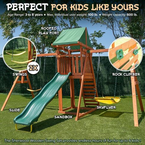 الرياضة الرياضية Amazon الحصرية Sherwood Wood Swing مع 3 تقلبات ، شريحة ، وسطح مغطى مع شريحة in Kuwait