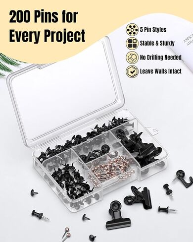 UniClife 200 PCS دبابيس دفع أسود ، أسود إبهام الأسود للجدار ، دبابيس الدفع 5 نمط للوحة Cork ولوحة الإعلانات ، خطافات الجدار Thumbtacks مجموعة للصور ملاحظات الفن والزينة in Saudi Arabia