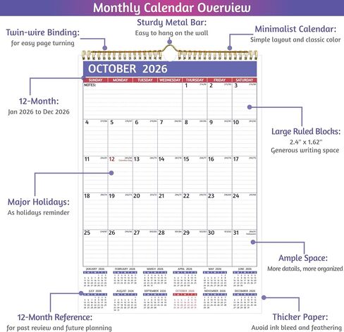 2026 Wall Calendar - 2026 Calendar, Jan 2026 - Dec 2026, 12’’ x 17’ Large, 12 Monthly Calendar 2026 Wall with Ruled Blocks, Yearly Overview, Thick Paper, Holidays, To-do ＆ Notes, Amply Writing Space in Saudi Arabia