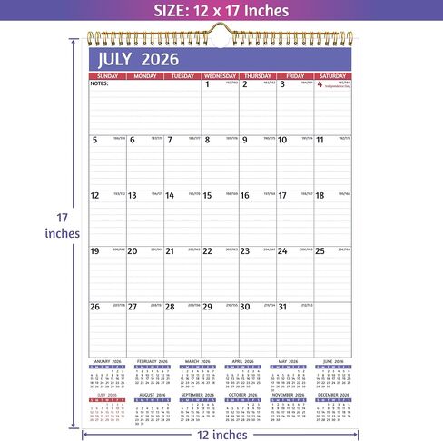 2026 Wall Calendar - 2026 Calendar, Jan 2026 - Dec 2026, 12’’ x 17’ Large, 12 Monthly Calendar 2026 Wall with Ruled Blocks, Yearly Overview, Thick Paper, Holidays, To-do ＆ Notes, Amply Writing Space in Saudi Arabia