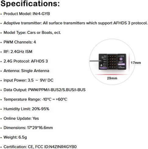 مستقبل GOOLRC FLAYSKY INR4-GYB ، 2.4 جيجا هرتز 4 قنوات AFHDS 3 مستقبل هوائي واحد PWM/PPM/I-BUS2/S.BUS/I-BUS إخراج البيانات المتوافقة مع Flysky NB4+ NB4 PRO+ RC لقارب RC CAR BOAT in Kuwait