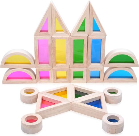 Wooden Building Blocks with Rainbow Acrylic Windows - 24pc Classic Montessori Stacking Set - Screen-Free Educational STEM Construction Toys for Toddlers Ages 18M+ in Saudi Arabia