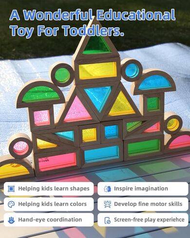 Wooden Building Blocks with Rainbow Acrylic Windows - 24pc Classic Montessori Stacking Set - Screen-Free Educational STEM Construction Toys for Toddlers Ages 18M+ in Saudi Arabia