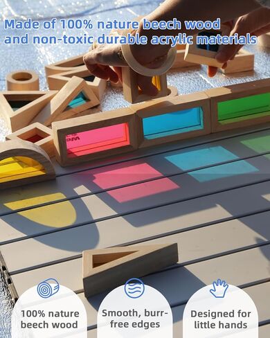 Wooden Building Blocks with Rainbow Acrylic Windows - 24pc Classic Montessori Stacking Set - Screen-Free Educational STEM Construction Toys for Toddlers Ages 18M+ in Saudi Arabia
