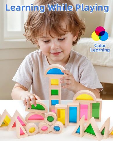 Wooden Building Blocks with Rainbow Acrylic Windows - 24pc Classic Montessori Stacking Set - Screen-Free Educational STEM Construction Toys for Toddlers Ages 18M+ in Saudi Arabia