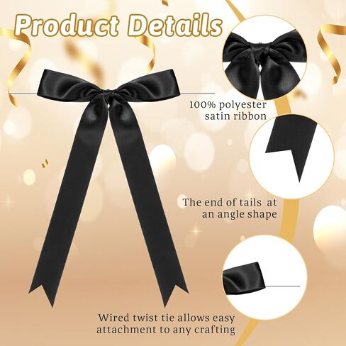 24 Pcs Black Bows,5x9 Inch Satin Ribbon Twist Tie Bow Black Bows for Balloons Cake Gift Wrapping Crafts Treat Bags in Kuwait