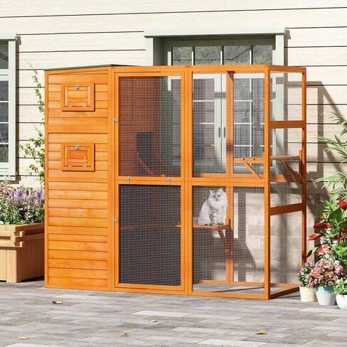 COZIWOW Large Wood Cat Catio, Outdoor Cat Enclosure with Weatherproof Roof, 2 Resting Rooms, 2 Platforms, 4-Tier Cat Playpen, 76.18" L x 33.46" W x 70.08" H, Grey in Kuwait