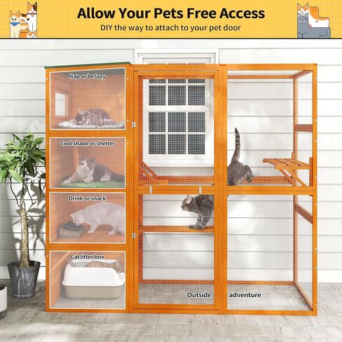 COZIWOW Large Wood Cat Catio, Outdoor Cat Enclosure with Weatherproof Roof, 2 Resting Rooms, 2 Platforms, 4-Tier Cat Playpen, 76.18" L x 33.46" W x 70.08" H, Grey in Kuwait