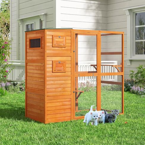COZIWOW Large Wood Cat Catio, Outdoor Cat Enclosure with Weatherproof Roof, 2 Resting Rooms, 2 Platforms, 4-Tier Cat Playpen, 76.18" L x 33.46" W x 70.08" H, Grey in Kuwait