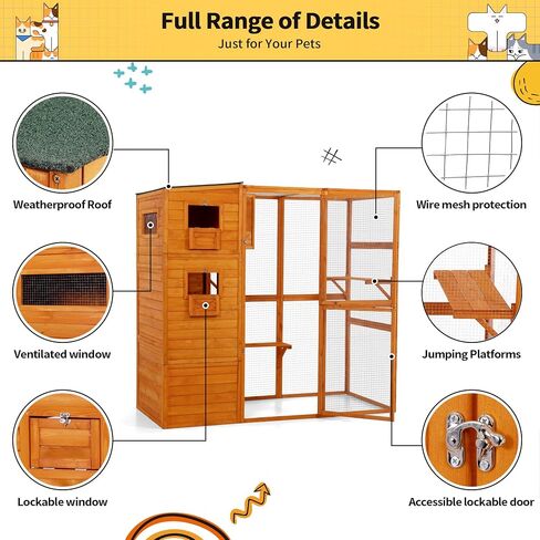 COZIWOW Large Wood Cat Catio, Outdoor Cat Enclosure with Weatherproof Roof, 2 Resting Rooms, 2 Platforms, 4-Tier Cat Playpen, 76.18" L x 33.46" W x 70.08" H, Grey in Kuwait
