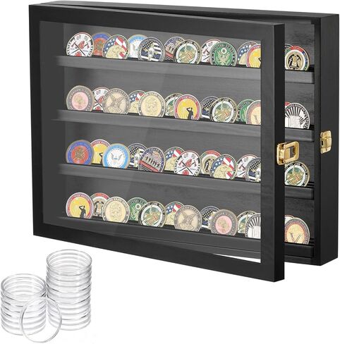 Military Challenge Coin Holder Display 16x12 Inch, Solid Pine Coin Case with Gold Latches &20 Acrylic Protectors for Coins Display - Black Coin Holder Organizer for Collectors, Veterans in Kuwait