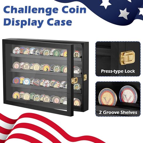 Military Challenge Coin Holder Display 16x12 Inch, Solid Pine Coin Case with Gold Latches &20 Acrylic Protectors for Coins Display - Black Coin Holder Organizer for Collectors, Veterans in Kuwait