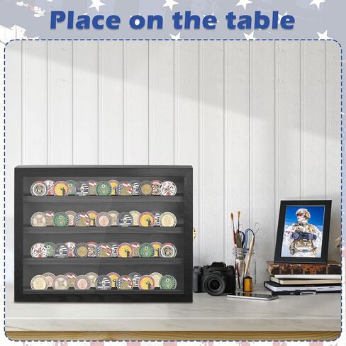 Military Challenge Coin Holder Display 16x12 Inch, Solid Pine Coin Case with Gold Latches &20 Acrylic Protectors for Coins Display - Black Coin Holder Organizer for Collectors, Veterans in Kuwait