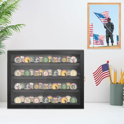 Military Challenge Coin Holder Display 16x12 Inch, Solid Pine Coin Case with Gold Latches &20 Acrylic Protectors for Coins Display - Black Coin Holder Organizer for Collectors, Veterans in Kuwait