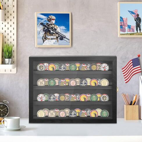 Military Challenge Coin Holder Display 16x12 Inch, Solid Pine Coin Case with Gold Latches &20 Acrylic Protectors for Coins Display - Black Coin Holder Organizer for Collectors, Veterans in Kuwait
