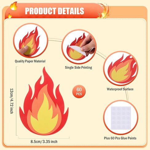 FOBSME 60 PCS FIRE CATOUTS 4.72x3.35 بوصة قطع اللهب النشرة مقاومة للماء القاطعات الورقية قطع اللهب مع نقطة الغراء لشاحنة الإطفاء Fire -Fire -Fireder Decor in Kuwait