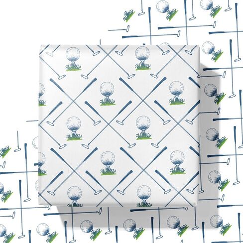 WAPLIGHAL Golf Wrapping Paper for Kids Men - Blue Golf Club and Ball Design - 28 x 40 Inches - Perfect for Birthdays, Holidays, and Father’s Day in Kuwait