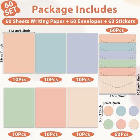 120 Pcs Manilla Stationary Letter and Envelopes Set Include 60 Pastel Computer Paper and 60 Envelopes Colored Stationery for Boho Letter Writing Printer Note Paper for Classroom School Office 8.5 x 11 in Saudi Arabia