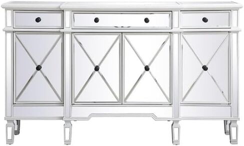 Sophisticated Simplicity 60-Inch Mirrored Credenza in Urban Oasis White - Mirrored Credenza with Solid Wood Legs, Crystal Knobs.3 Drawers.3 Cabinets, Fully Assembled in Saudi Arabia