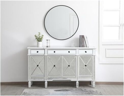 Sophisticated Simplicity 60-Inch Mirrored Credenza in Urban Oasis White - Mirrored Credenza with Solid Wood Legs, Crystal Knobs.3 Drawers.3 Cabinets, Fully Assembled in Saudi Arabia