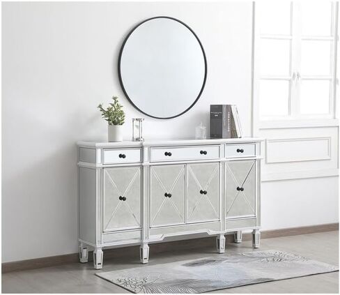 Sophisticated Simplicity 60-Inch Mirrored Credenza in Urban Oasis White - Mirrored Credenza with Solid Wood Legs, Crystal Knobs.3 Drawers.3 Cabinets, Fully Assembled in Saudi Arabia