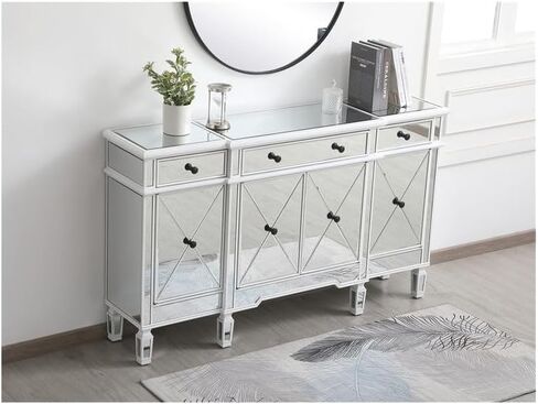 Sophisticated Simplicity 60-Inch Mirrored Credenza in Urban Oasis White - Mirrored Credenza with Solid Wood Legs, Crystal Knobs.3 Drawers.3 Cabinets, Fully Assembled in Saudi Arabia