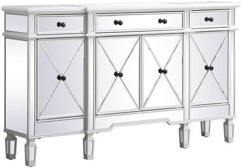 Sophisticated Simplicity 60-Inch Mirrored Credenza in Urban Oasis White - Mirrored Credenza with Solid Wood Legs, Crystal Knobs.3 Drawers.3 Cabinets, Fully Assembled in Saudi Arabia
