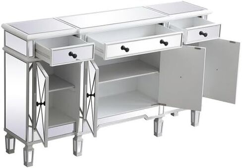 Sophisticated Simplicity 60-Inch Mirrored Credenza in Urban Oasis White - Mirrored Credenza with Solid Wood Legs, Crystal Knobs.3 Drawers.3 Cabinets, Fully Assembled in Saudi Arabia