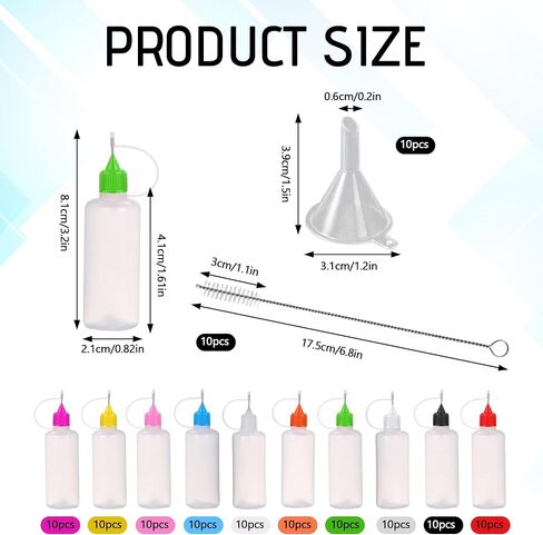 100 Pcs 10 ML Mini Needles Precision Tip Applicator,Fine Tip Applicator Bottle Glue Bottle Needle Squeeze Glue for Ink Liquid Oil DIY Crafts,Quilling Acrylic Painting,with 10 Funnel 10 Brush(10 Color) in Saudi Arabia
