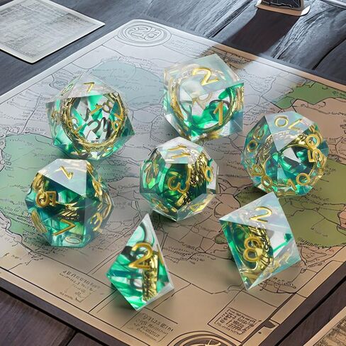 DND Dice Set 7-Pcs, Lord of The Rings Style Resin Dice Polyhedral Resin Sharp Edge Dice Set with Gift Box, Playing Game for Dungeons and Dragons RPG MTG Table Games（Green Dice） in Saudi Arabia