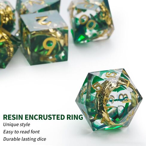 DND Dice Set 7-Pcs, Lord of The Rings Style Resin Dice Polyhedral Resin Sharp Edge Dice Set with Gift Box, Playing Game for Dungeons and Dragons RPG MTG Table Games（Green Dice） in Saudi Arabia