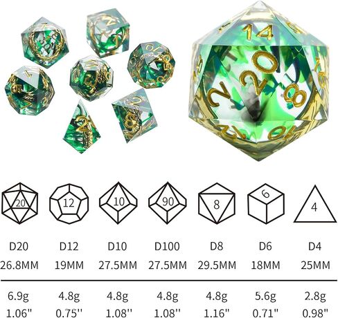 DND Dice Set 7-Pcs, Lord of The Rings Style Resin Dice Polyhedral Resin Sharp Edge Dice Set with Gift Box, Playing Game for Dungeons and Dragons RPG MTG Table Games（Green Dice） in Saudi Arabia