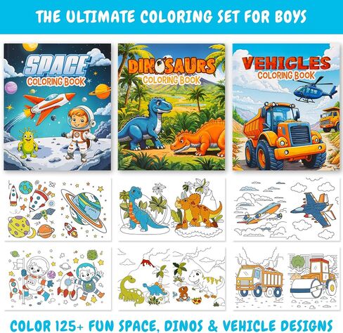 Fun Coloring Books for Kids Set of 3 – Exciting Dinosaur, Space & Trucks Coloring Book for Boys Ages 4–8 – Easy to Color Gift for Your Creative Little One (Girls) (Boys) in Saudi Arabia