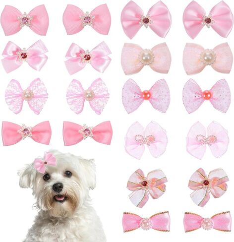Dog Bows, 20 Pcs Cute Dog Hair Bows with Rubber Bands Pink Dogs Accessories Mix Style Lace Rhinestone Pearls Puppy Bow for Furry Cat Puppy Pet in Saudi Arabia