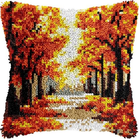Autumn Fall Scenery Latch Hook Pillow Kits Pillow Cover with Pattern Printed Canvas Crochet Cross Hooking Pillowcase Cushion Crafts Embroidery Latch Hooking Crochet Kits 17x17 inch(178) in Saudi Arabia
