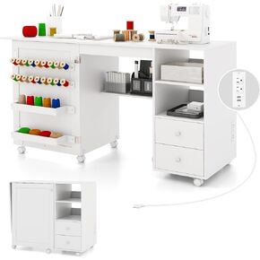Giantex Folding Sewing Table with Charging Station, Rolling Craft Table with Storage Shelves and Drawers, 18 Pegs, 2 Trays, Foldable Sewing Machine Cabinet with 6 Lockable Wheels, White in Saudi Arabia