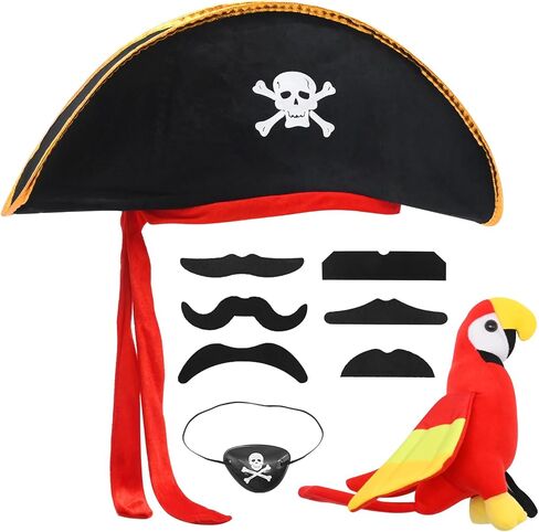 9 Pcs Pirate Hat Set, Skull Print Hat with Shoulder Parrot, Eye Mask Fake Mustaches, Pirate Costume Accessories for Halloween Caribbean, Fancy Dress Hat School Show or Role Play Props in Saudi Arabia