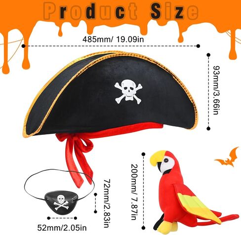 9 Pcs Pirate Hat Set, Skull Print Hat with Shoulder Parrot, Eye Mask Fake Mustaches, Pirate Costume Accessories for Halloween Caribbean, Fancy Dress Hat School Show or Role Play Props in Saudi Arabia
