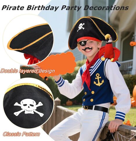 9 Pcs Pirate Hat Set, Skull Print Hat with Shoulder Parrot, Eye Mask Fake Mustaches, Pirate Costume Accessories for Halloween Caribbean, Fancy Dress Hat School Show or Role Play Props in Saudi Arabia