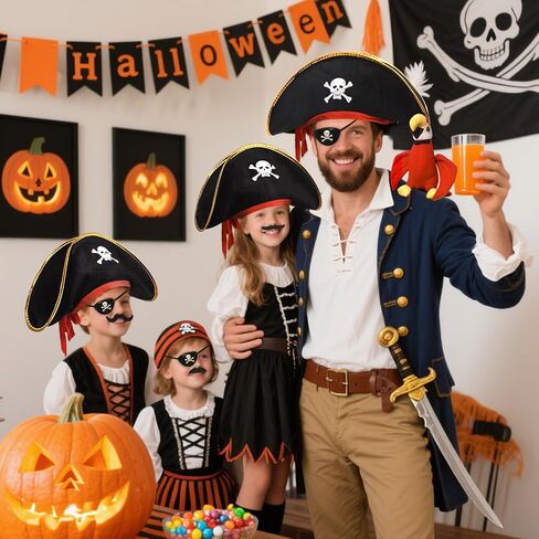 9 Pcs Pirate Hat Set, Skull Print Hat with Shoulder Parrot, Eye Mask Fake Mustaches, Pirate Costume Accessories for Halloween Caribbean, Fancy Dress Hat School Show or Role Play Props in Saudi Arabia