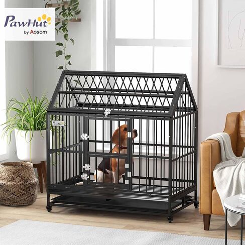 PawHut 48" Heavy Duty Dog Crate, Strong Steel Large Dog Crate with 4 Lockable Wheels, Double Doors, Openable Top and Removable Tray, for Extra Large and Large Dogs, Black in Saudi Arabia
