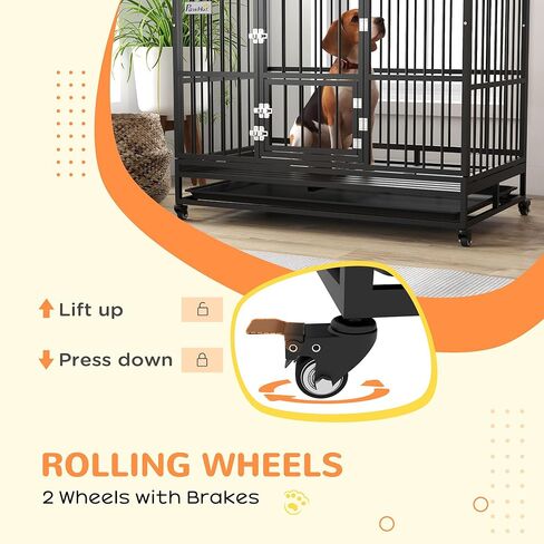 PawHut 48" Heavy Duty Dog Crate, Strong Steel Large Dog Crate with 4 Lockable Wheels, Double Doors, Openable Top and Removable Tray, for Extra Large and Large Dogs, Black in Saudi Arabia