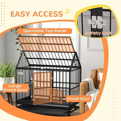 PawHut 48" Heavy Duty Dog Crate, Strong Steel Large Dog Crate with 4 Lockable Wheels, Double Doors, Openable Top and Removable Tray, for Extra Large and Large Dogs, Black in Saudi Arabia