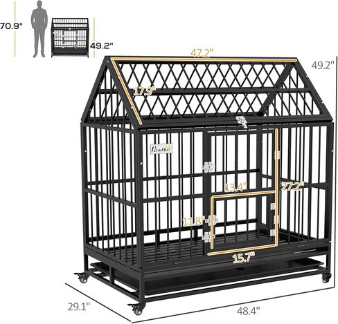 PawHut 48" Heavy Duty Dog Crate, Strong Steel Large Dog Crate with 4 Lockable Wheels, Double Doors, Openable Top and Removable Tray, for Extra Large and Large Dogs, Black in Saudi Arabia